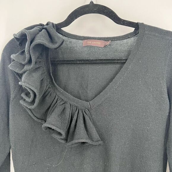 Limited Ruffle Merino Wool Blend Lightweight Sweater small career top black - Picture 4 of 8